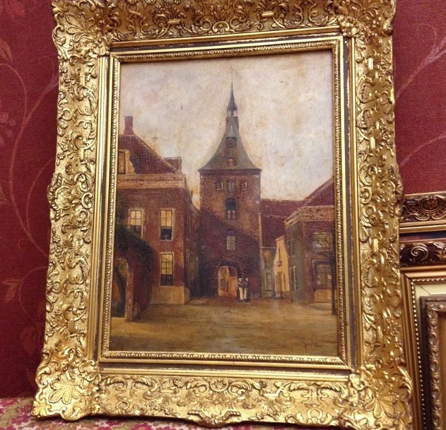 verkoper theater last Oude schilderij met kerk, barok lijst hout antiek-goud,groot 55x43 cm -  Kunst / Schilderijen - Westenhof