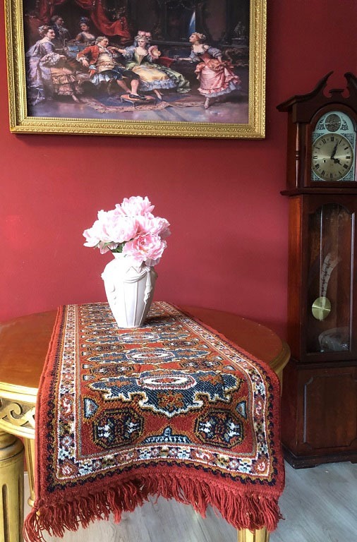 Vintage wollen perzisch / loper tafelkleed / tafelloper klassiek kleed met franjes, 155x50 cm – Rood - Tafelkleden - Westenhof